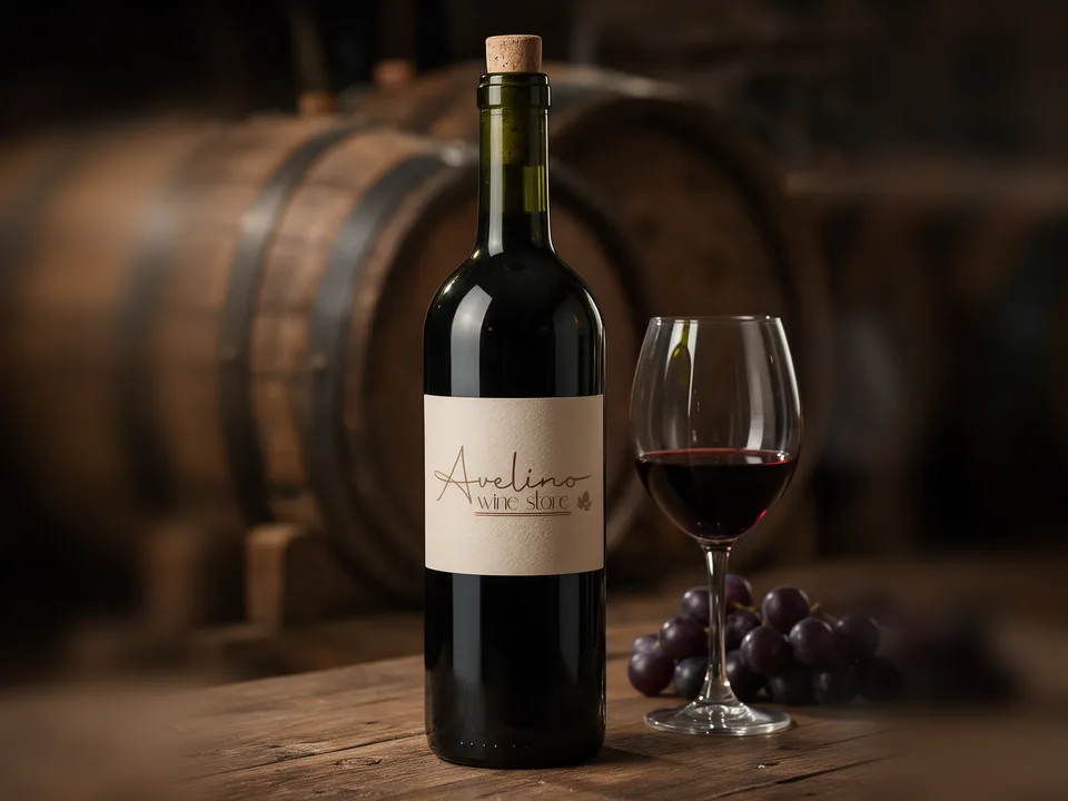 Identidade visual da Avelino Wine Store aplicada em rótulo de vinho