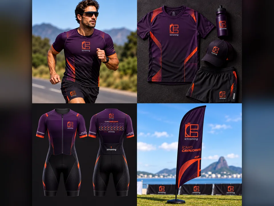 Identidade visual da ICtraining aplicada em uniformes esportivos e wind banner