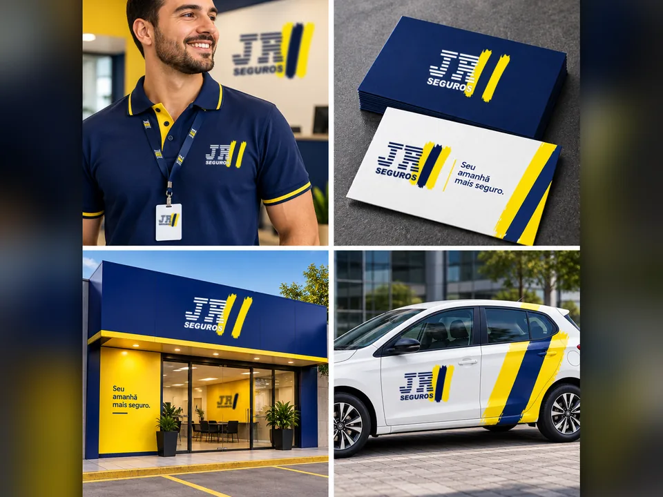 Identidade visual da JR Seguros aplicada em uniforme, cartões, fachada e carro